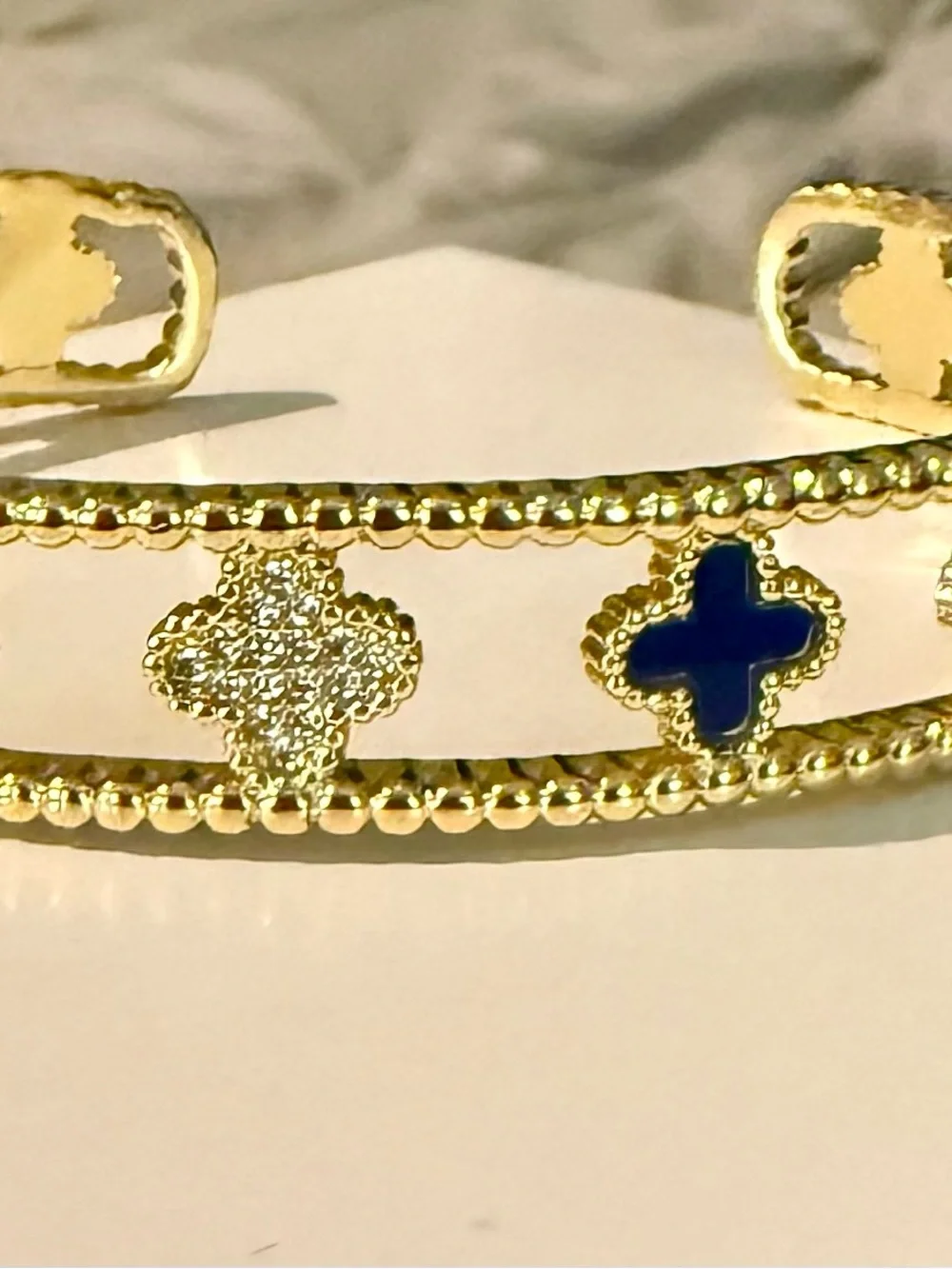 Gold & Blue Clover Cuff Bracelet + Ring Set